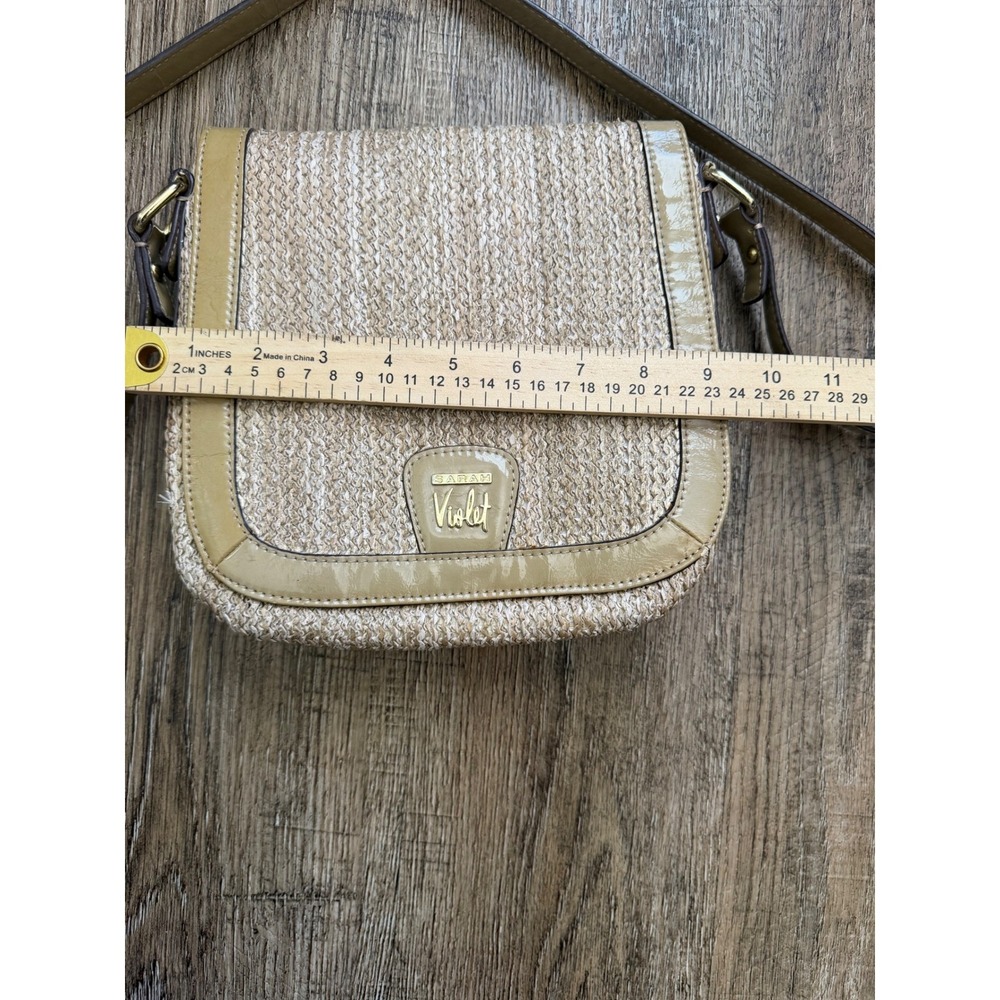 Sarah Violet Straw Woven Crossbody Bag Tan Patent Trim Small Summer Purse‎ - Picture 14 of 16